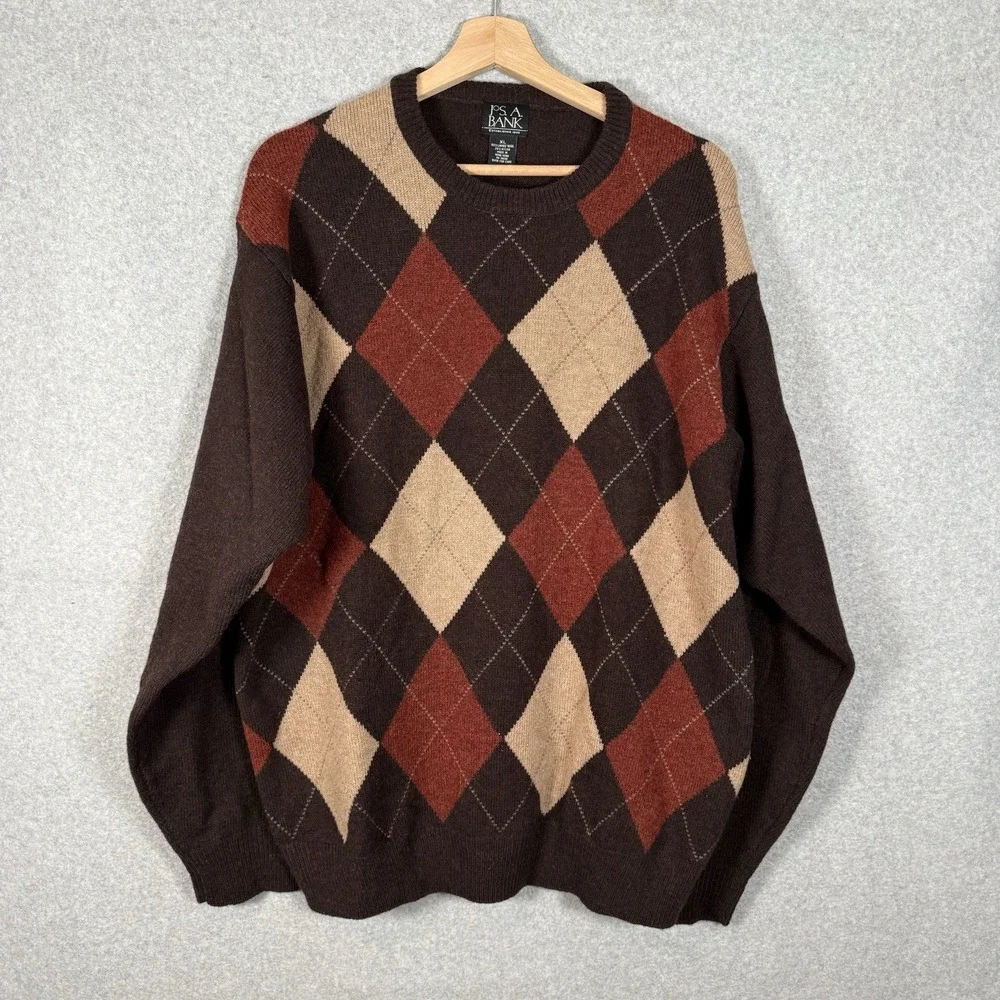 Jos A Bank Sweater Mens XL Vintage Argyle Lambswool‎ Pullover